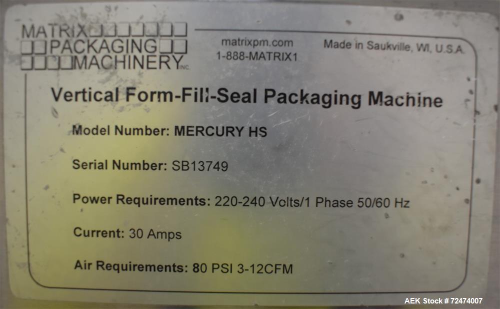 Used Matrix Packaging Mercury HS High Speed Vertical Form Fill with Gussetting